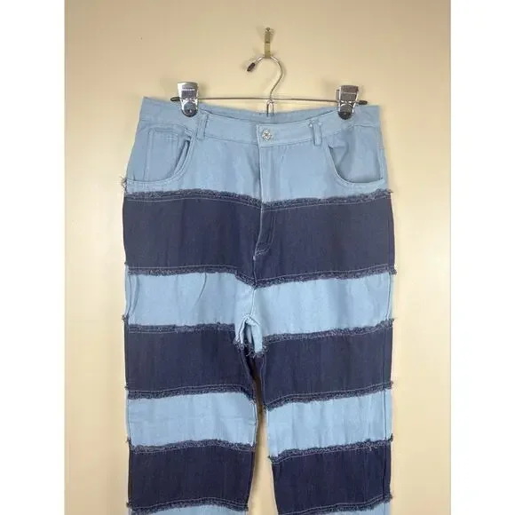 Jeans Women’s Blue Y2K Patchwork Size L High Rise Frayed Straight Leg Raw Hem - Picture 4 of 13